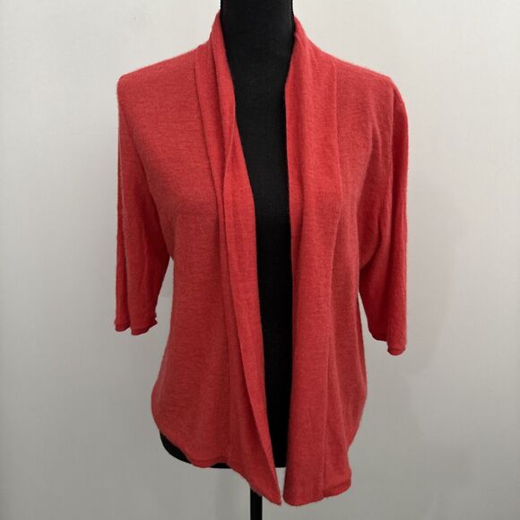 Eileen Fisher Large Pink Coral 100% Cashmere 3/4 Sleeve Cardigan Sweater W/hole - Picture 1 of 15